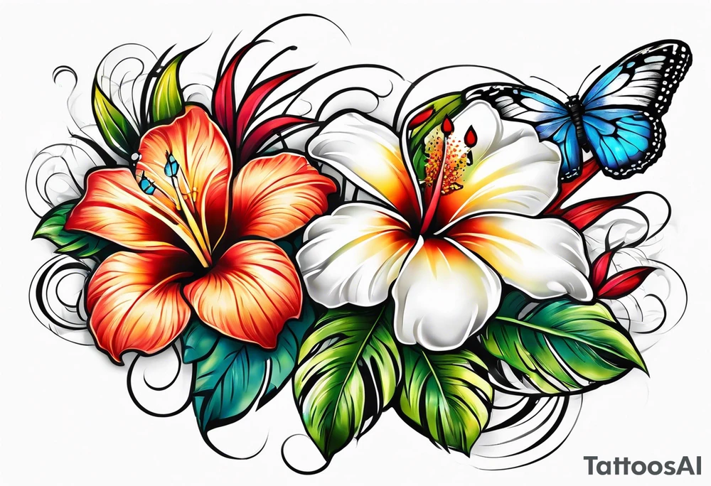 2 hawaiian flowers with a butterfly underneath tattoo idea
