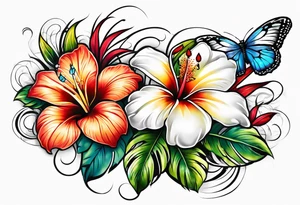 2 hawaiian flowers with a butterfly underneath tattoo idea