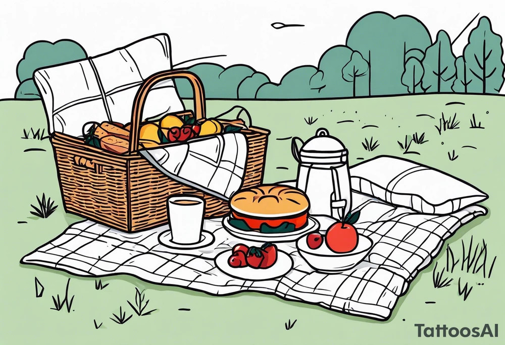 Light, minimalstic picnic scene in nature. A blanket on the ground with picnic-basket with lid, pillows and party tennants. Thin lines. tattoo idea