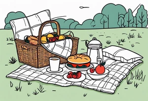 Light, minimalstic picnic scene in nature. A blanket on the ground with picnic-basket with lid, pillows and party tennants. Thin lines. tattoo idea