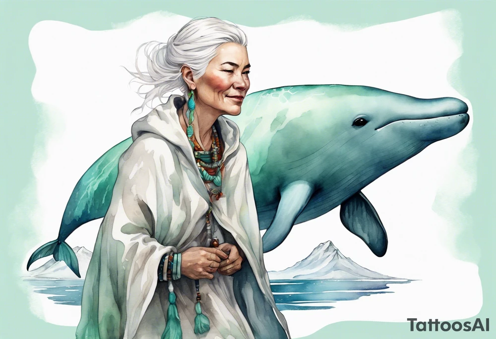 a 45-year-old Sami woman with white  hair wearing a white and mint cloak riding on the back of a realistic narwhal tattoo idea