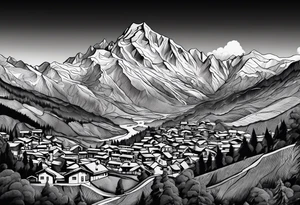 Black topographic map of a mountain village in the French Alpes tattoo idea