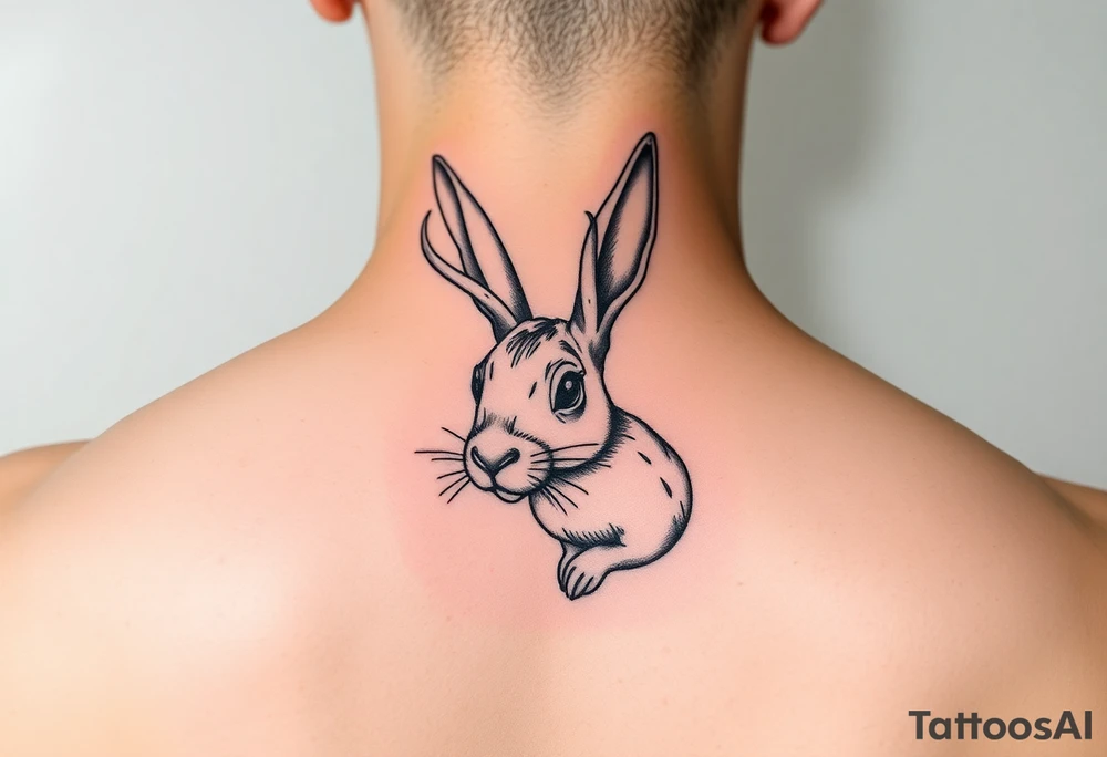 abstract jack rabbit with antlers coming out from its head, between the ears tattoo idea