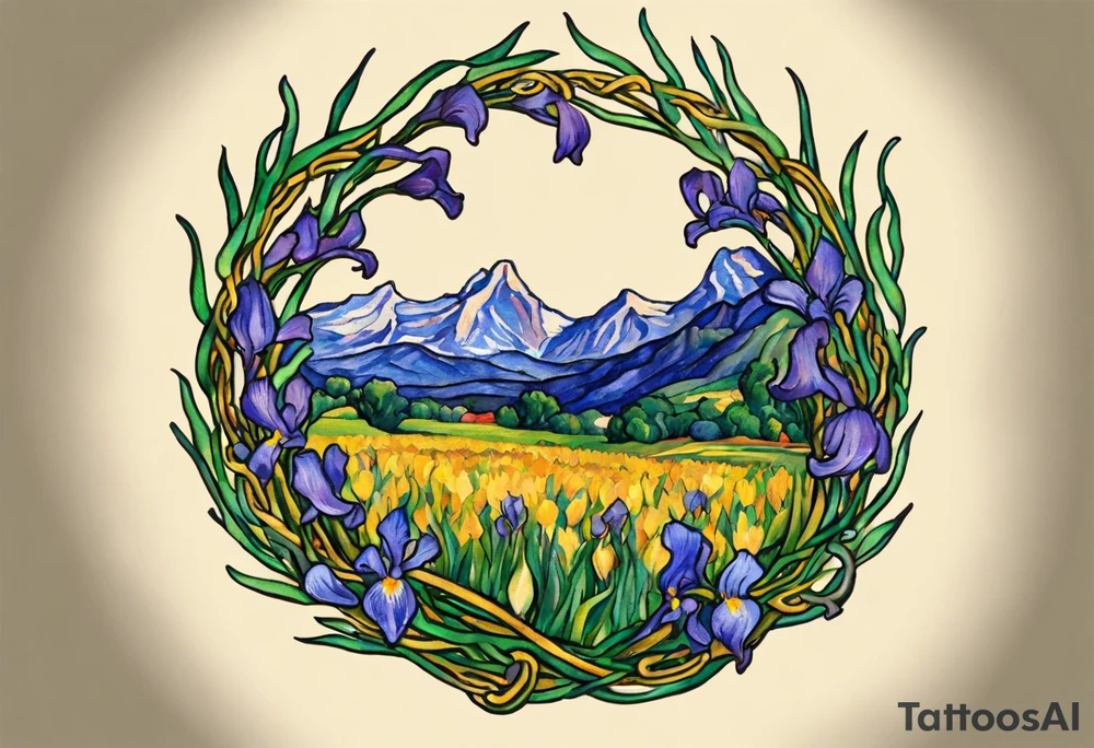 Create a small colorful Vincent van Gogh Irises tattoo in the form of a crescent, with vines or Celtic knots gracefully intertwining at a central point in the middle of the wreath.  In the middle of the wreath are mountains and other items found in New Mexico. Ensure that the design avoids the appearance of a bush and maintains a more structured and deliberate arrangement. The intended placement is on the upper chest. The overall design should be small in size while maintaining a delicate and artistic aesthetic. Pay attention to the graceful flow of the vines and the placement of the irises to achieve a refined and elegant look. tattoo idea