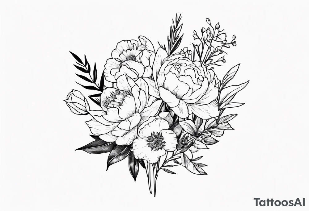 small flower bouquet with a peony, larkspur, rose, and daffodil with stems showing tattoo idea