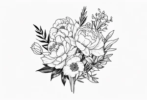 small flower bouquet with a peony, larkspur, rose, and daffodil with stems showing tattoo idea