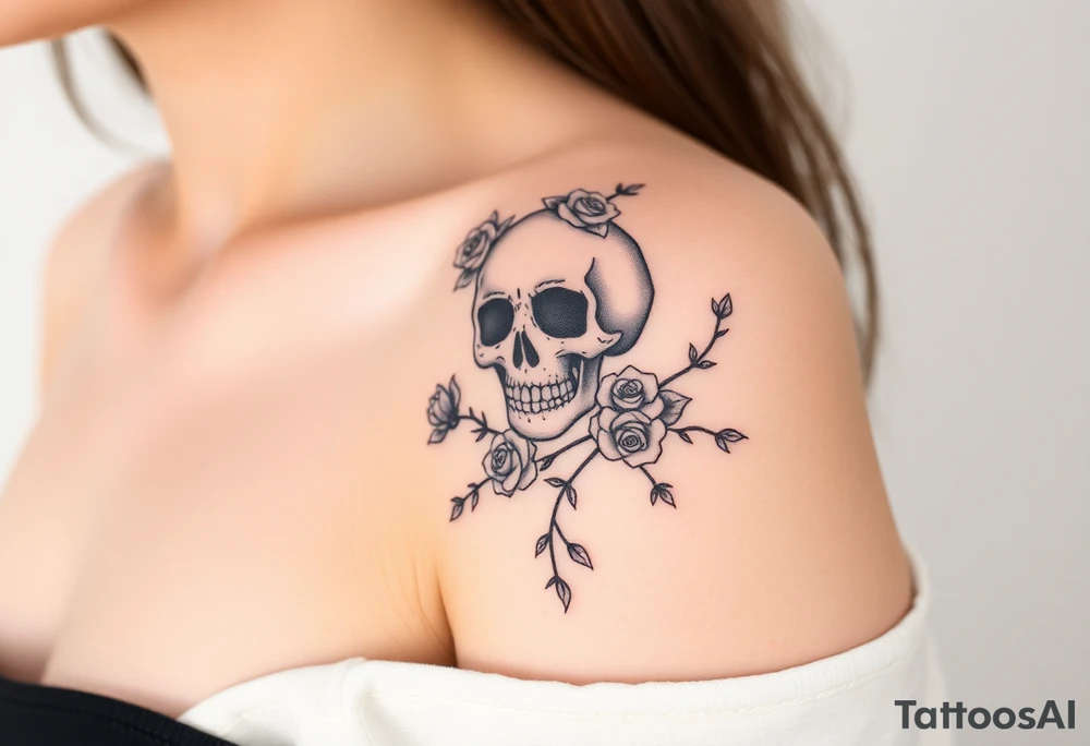 gothic skull intertwined with climbing roses and thorny vines tattoo idea