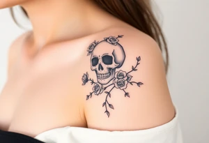 gothic skull intertwined with climbing roses and thorny vines tattoo idea