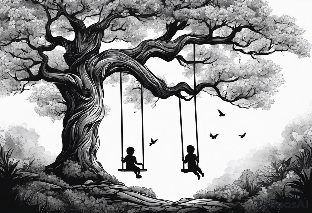 Tree with swing and kids playing tattoo idea