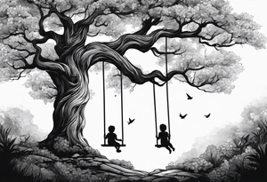 Tree with swing and kids playing tattoo idea