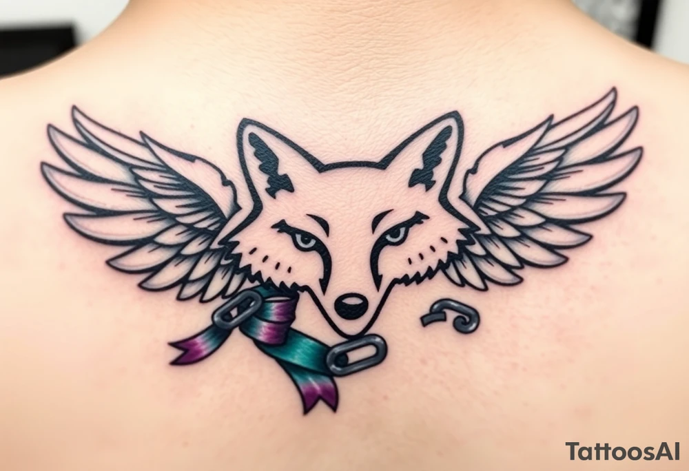 Fox company racing fox logo 
The original
Wrapped in angel wings
Add a teal and purple ribbon with a breaking chain more realistic tattoo idea