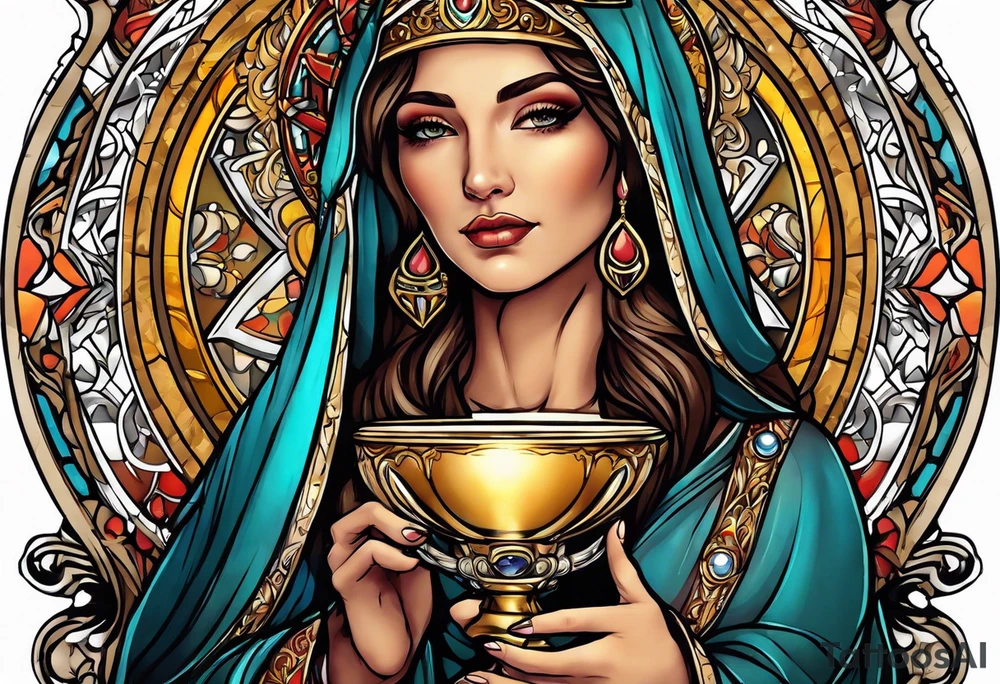holy saint woman with halo holding a chalice tattoo idea