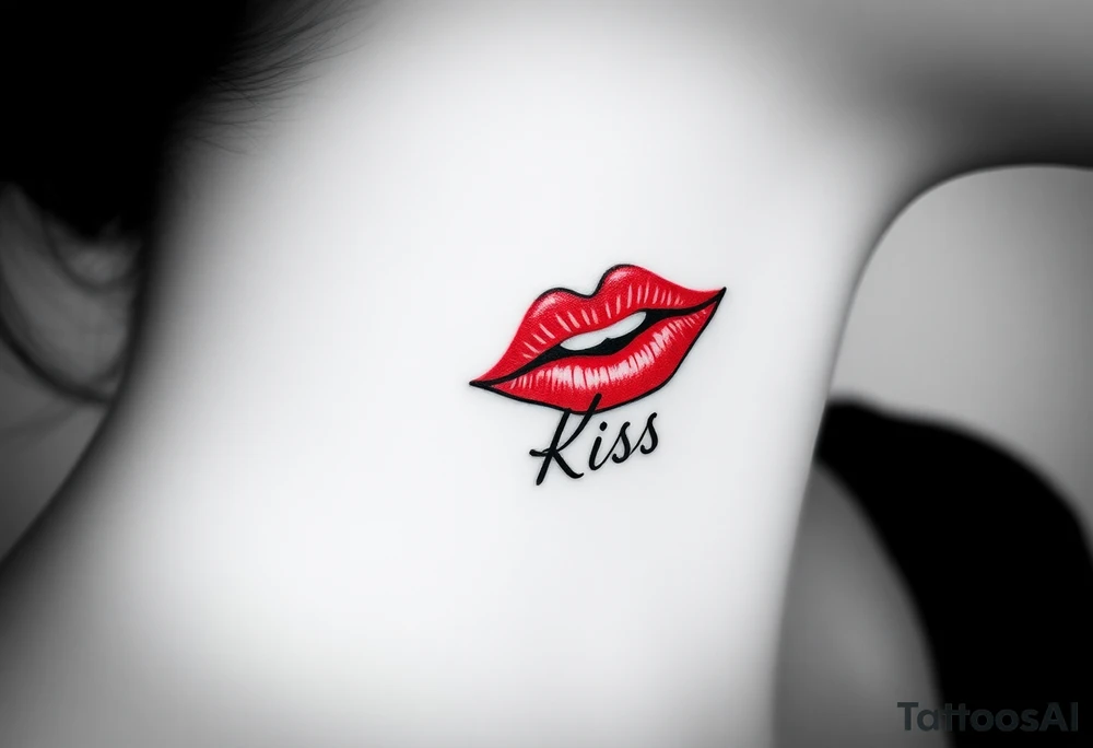Neck tattoo of lips on the right side, puckered or slightly parted, with the word "Kiss" in a cursive or sleek font below or beside it. Style can be realistic or minimalist, with red or black ink for a bold, elegant look. tattoo idea