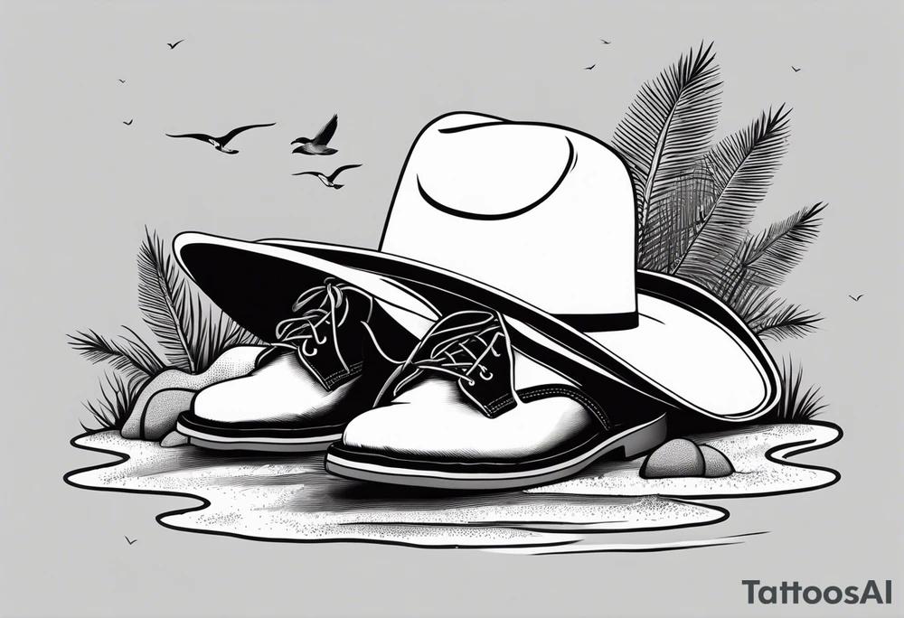 Keep it simple. A pair of timberland boots next to two flip flops and a cowboyhat on the Beach. tattoo idea