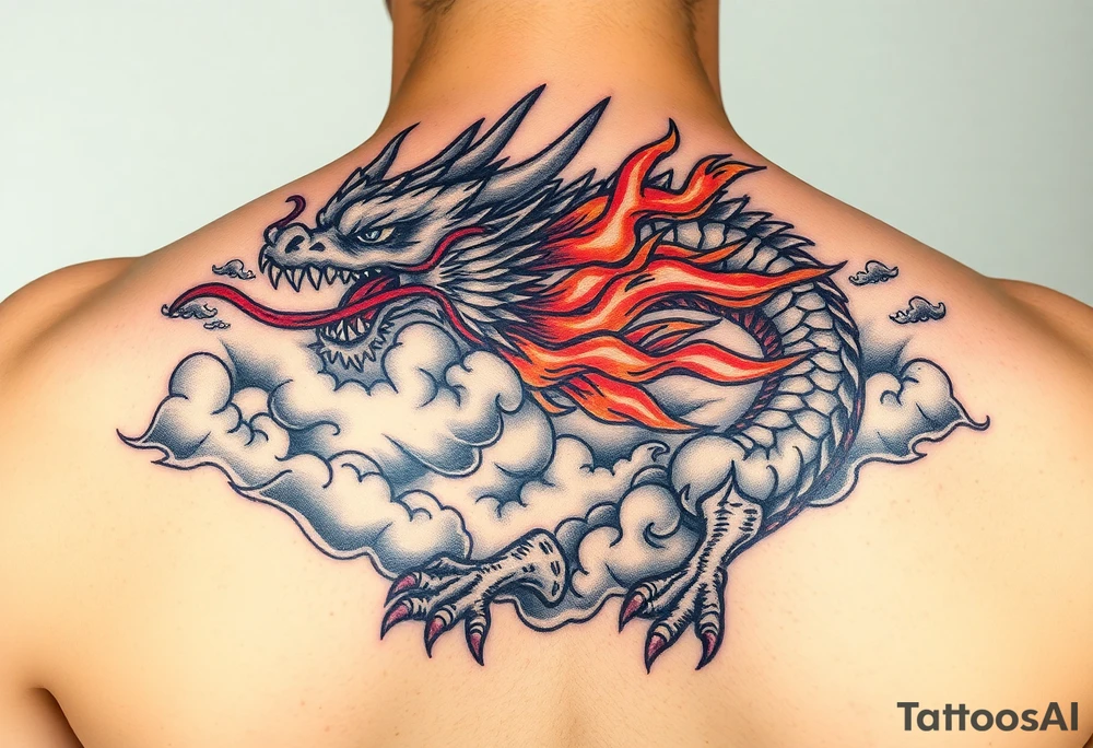fierce dragon breathing iridescent fire against stormy skies tattoo idea