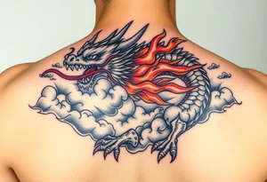 fierce dragon breathing iridescent fire against stormy skies tattoo idea