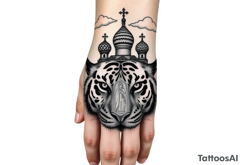 Realistic tiger face on the back of the hand with strong contrast and fine detail with hollow black eyes. with a highly detailed Russian Orthodox cathedral sitting above on fore arm with onion domes and orthodox crosses, done in fine line, engraving-like style. Cohesive composition, black ink only, no color, high contrast, slightly aged, documentary-style, plain light background. with clouds above and a virgin mary tattoo idea