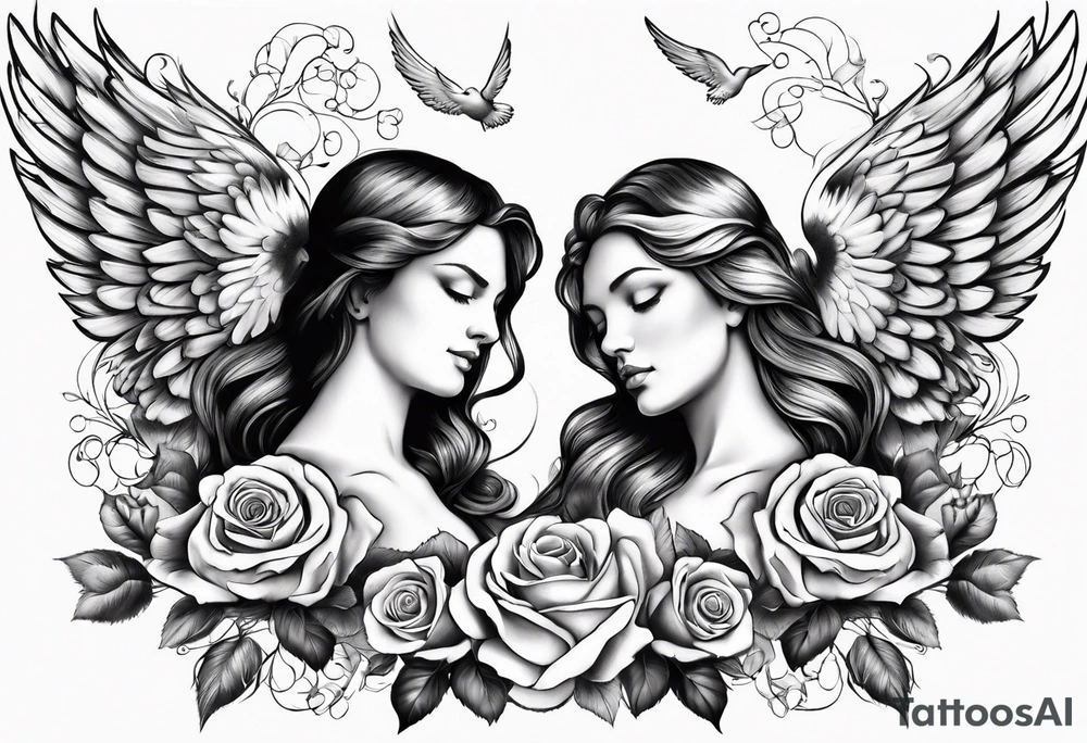 Angels and deamons realistic with roses doves to fit upper inner arm tattoo idea