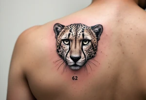 cheetah with the number 62 incorporated in its fur around the dots tattoo idea