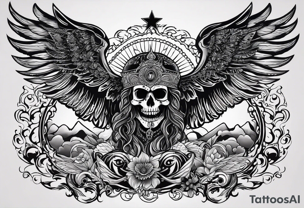 black kali, goddess pirate, alien, angel, pachamama, valkrye, warrior, flying, skull, lotus azul, wing, eagle, zenza resonance, stars, 5D, anahata chakra, death, durga, riding on a tiger, flying lady tattoo idea
