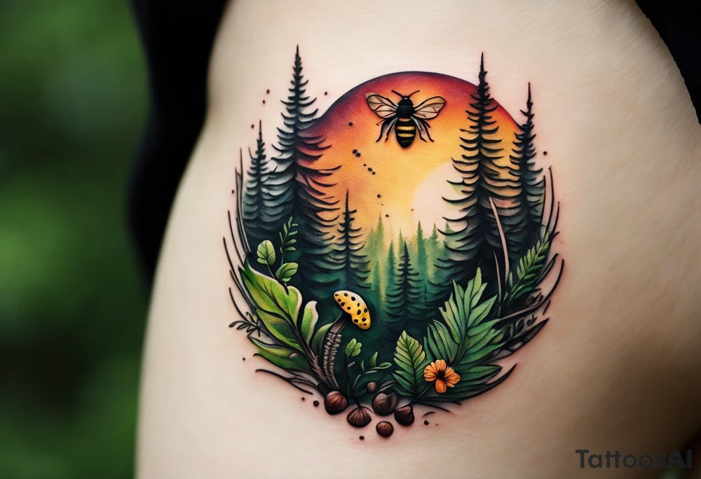 forest floor inspired minimalist tattoo, which includes grass, curly ferns, moss and dead leaves as the bulk of the tattoo. details to include: forest berries, a tiny bumblebee flying nearby, three small brown mushrooms
Generate a vertically long one tattoo idea