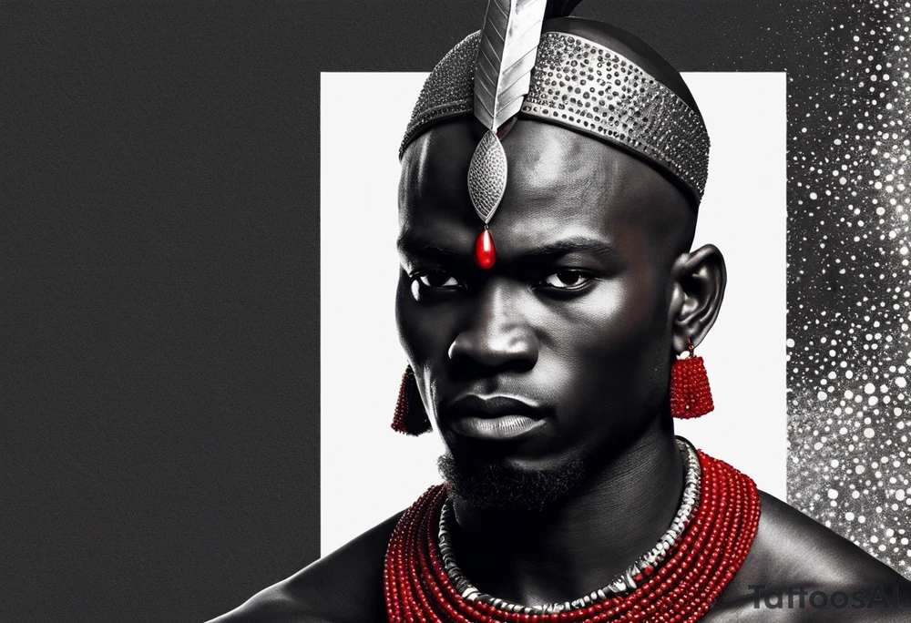 Black-skinned bald african warrior. He is a god of the war. Wears a simple red necklace and a silver crown tattoo idea