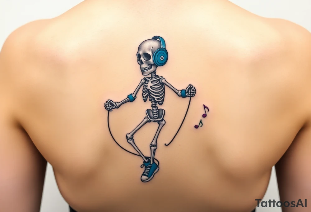 Cute skeleton jumping on a jump rope with blue headphone and blue tennis shoes and blue armbands with colorful music notes tattoo idea