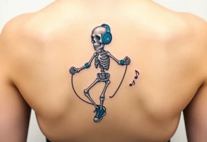 Cute skeleton jumping on a jump rope with blue headphone and blue tennis shoes and blue armbands with colorful music notes tattoo idea