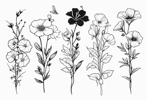 a vertical minimal flower bouquet including sweet pea, larkspur, morning glory and cosmos tattoo idea