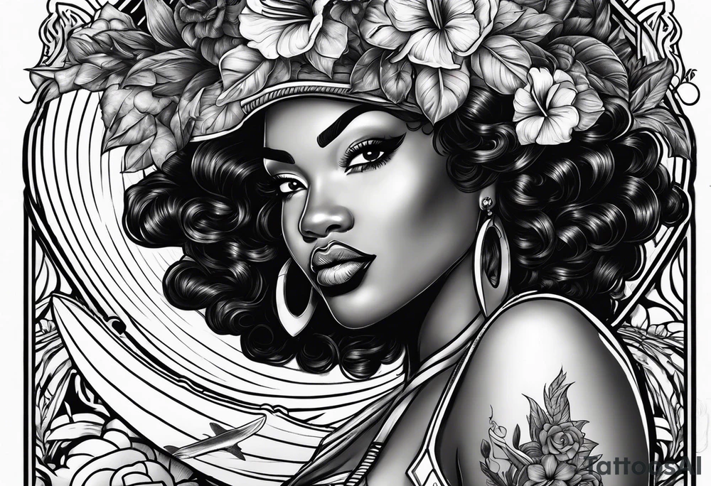 Black woman with natural hair surfing pinup tattoo idea