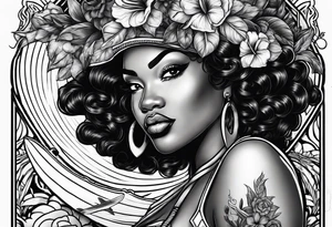 Black woman with natural hair surfing pinup tattoo idea
