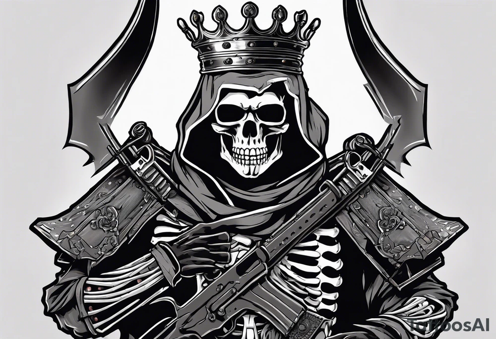 image of a skeleton standing frontally with a crown on his head, holding an AK-47 on his shoulder with his right hand. The chain on the left should be taut, there are three angry barking Dobermans in it, near the waist tattoo idea