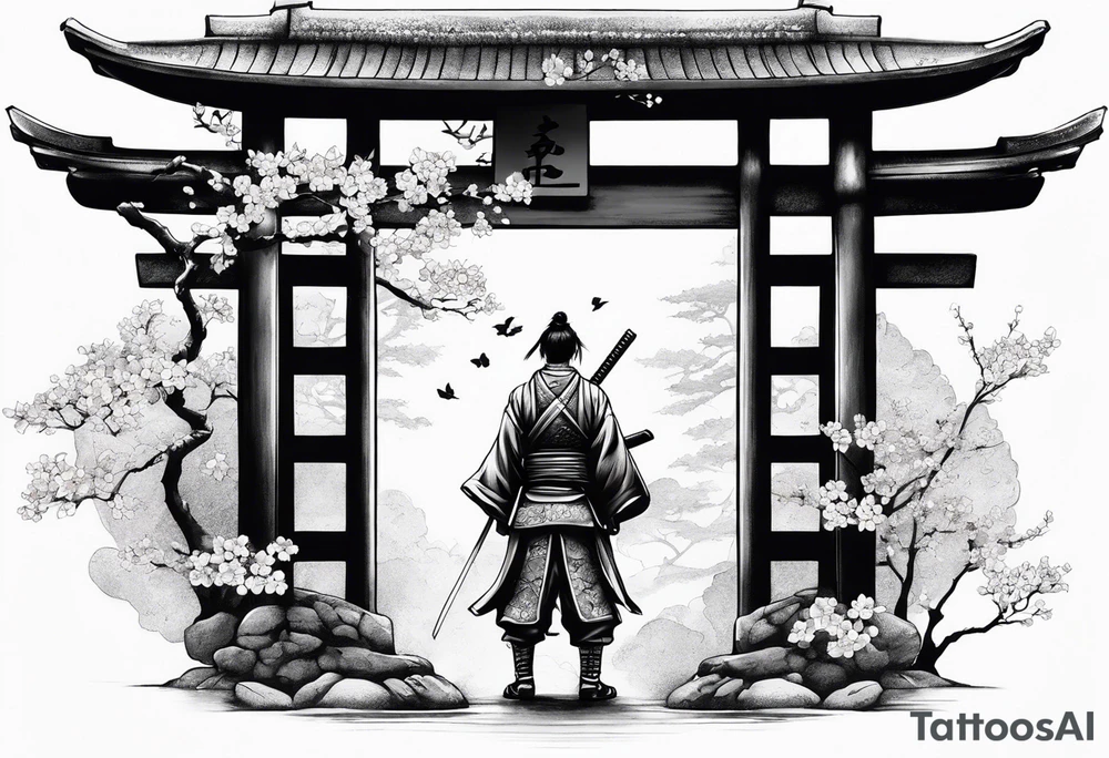 Lonesome samurai warrior standing behind a Tori gate depicting memento mori and cherry blossom leaves falling around him tattoo idea