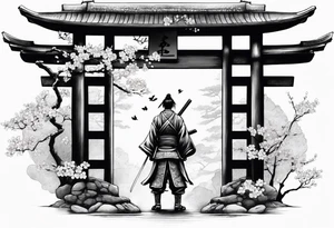Lonesome samurai warrior standing behind a Tori gate depicting memento mori and cherry blossom leaves falling around him tattoo idea