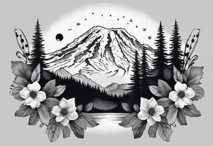 mount rainier with flowers around it tattoo idea