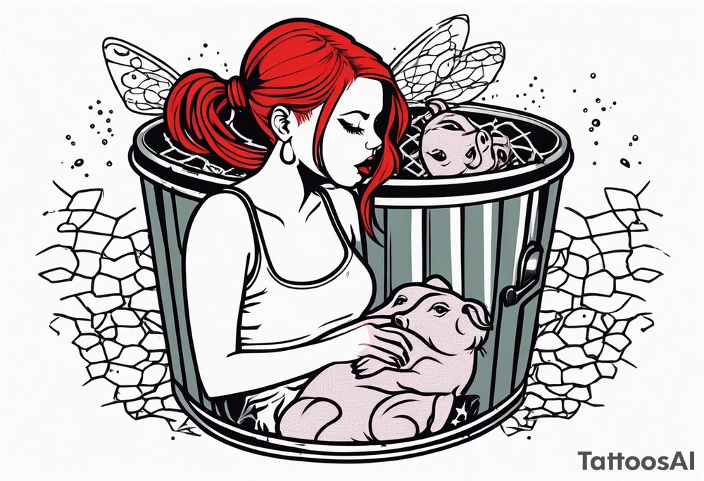 Dead girl with fishnet stockings and red hair with pig tails inside of a trash can with flies buzzing around tattoo idea