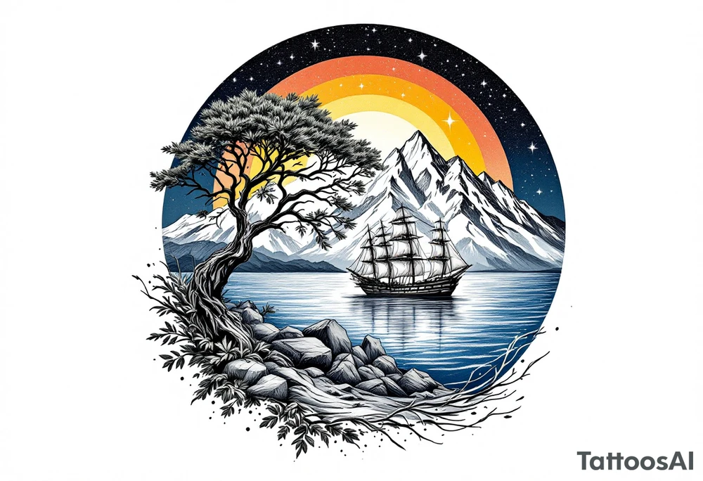 tattoo that has an acacia tree with mountains, ocean with a ship wreck and the northern star tattoo idea
