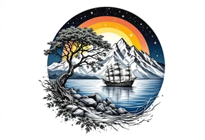 tattoo that has an acacia tree with mountains, ocean with a ship wreck and the northern star tattoo idea