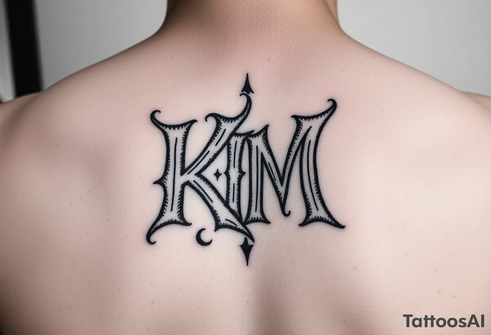 letters only fancy but rugged twisted and intertwined through one another (KM ) almost like the the roca wear symbol clothing brand trademark tattoo idea