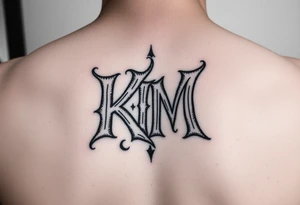 letters only fancy but rugged twisted and intertwined through one another (KM ) almost like the the roca wear symbol clothing brand trademark tattoo idea