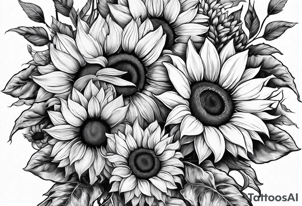 Sunflowers and angel wings leg sleeve tattoo idea