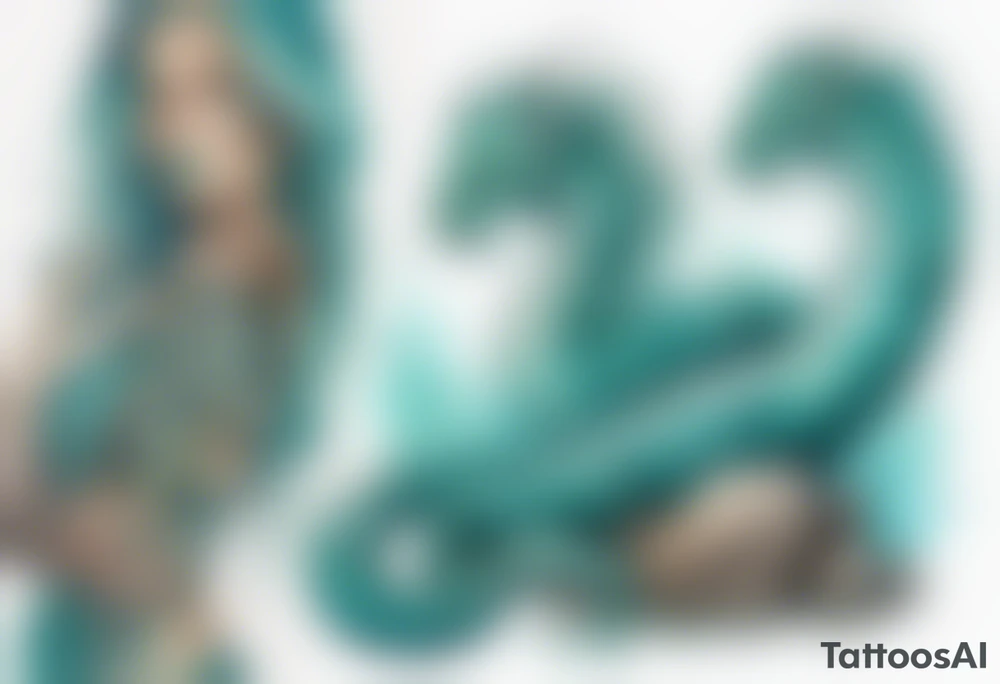 A sea serpent woman hybrid covered in turquois scales sitting on rocks by the ocean tattoo idea