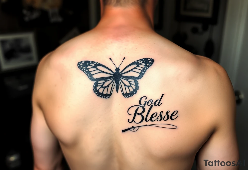 The words No Rush with a monarch butterfly in the same tatto with the words God Bless with a fishing pole. Tattoo is masculine for the upper arm tattoo idea