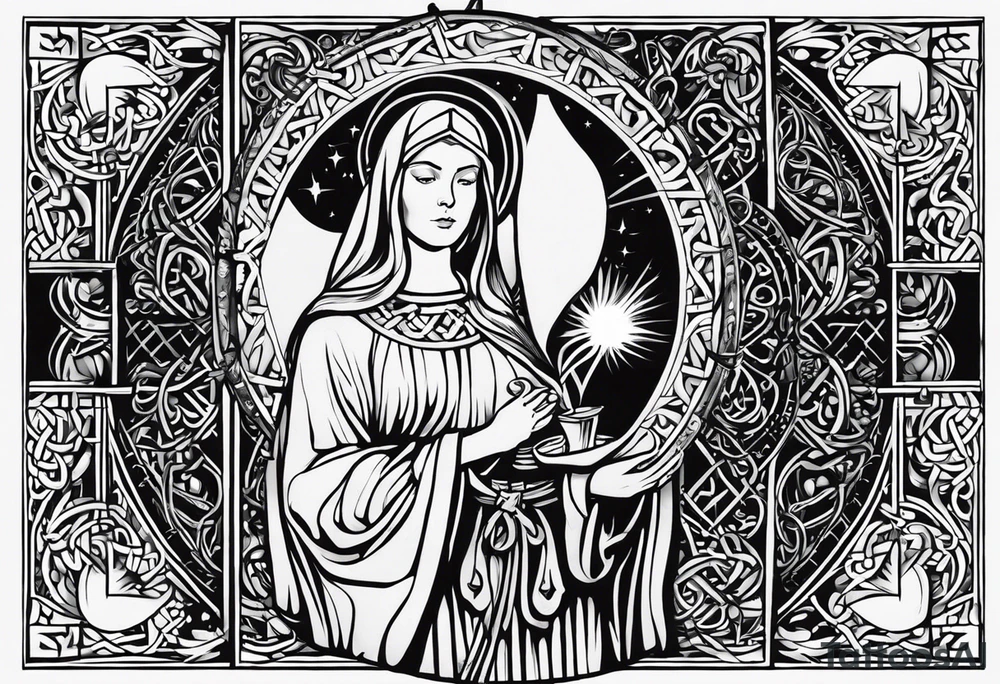 A full back piece themed on the surname mcbride and the irish saint brigid. It should take inspiration from artwork of saint brigid holding fire in her hands. It should have the text Vincit Pericula Virtus on it tattoo idea