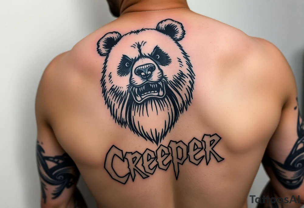 Wrestler, bass playing, tattooed, mustache, bearded panda bear with a septum piercing  and the word creeper in metal band font tattoo idea