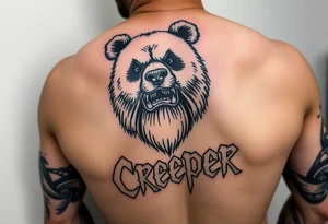 Wrestler, bass playing, tattooed, mustache, bearded panda bear with a septum piercing  and the word creeper in metal band font tattoo idea