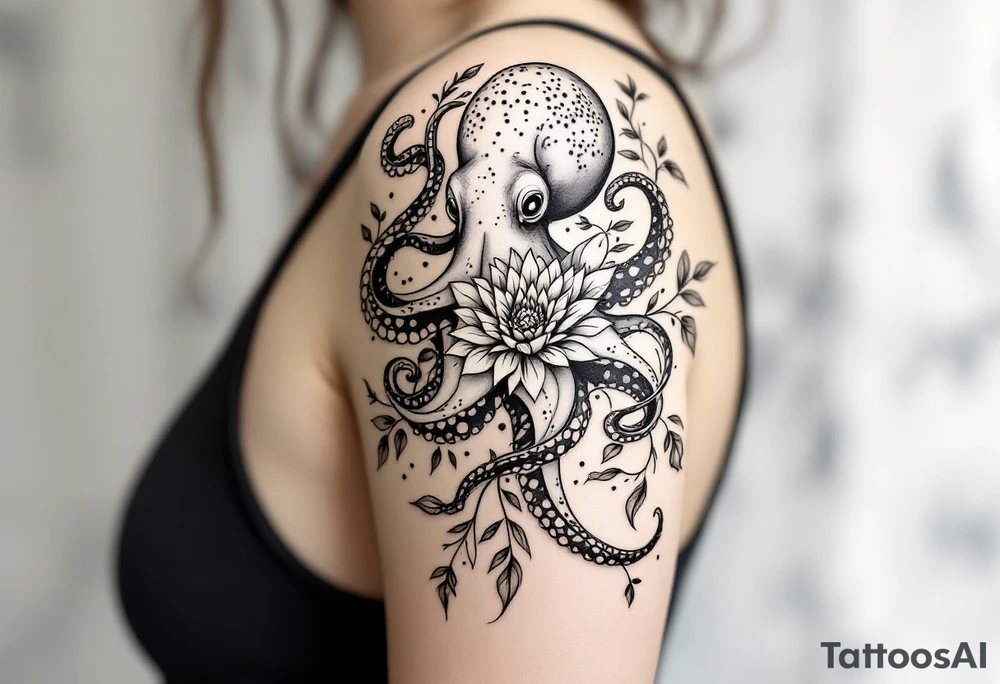 realistic octopus, detailed linework, black-and-grey shading, elegant floral vine, intertwining tentacles, thin black swirling lines, semi-transparent brown leaves, delicate mandala flower, dotwork, ornamental flourishes, radiating design, fine-line style, minimalistic, organic flow, feminine, artistic, slightly surreal, seamless composition, marine botanical fusion, lifelike texture, graceful rhythm, natural growth integration, upper arm placement, shoulder curve, body-following design, smooth shading, soft leaves wrapping, blooming shoulder flower, outward radiating pattern, vine tentacle flow, integrated sea creature, botanical octopus, arm shoulder tattoo, curved body placement, natural organic movement tattoo idea