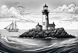 maritime lighthouse in a front view sailboat serving as a mast for a sail. tattoo idea