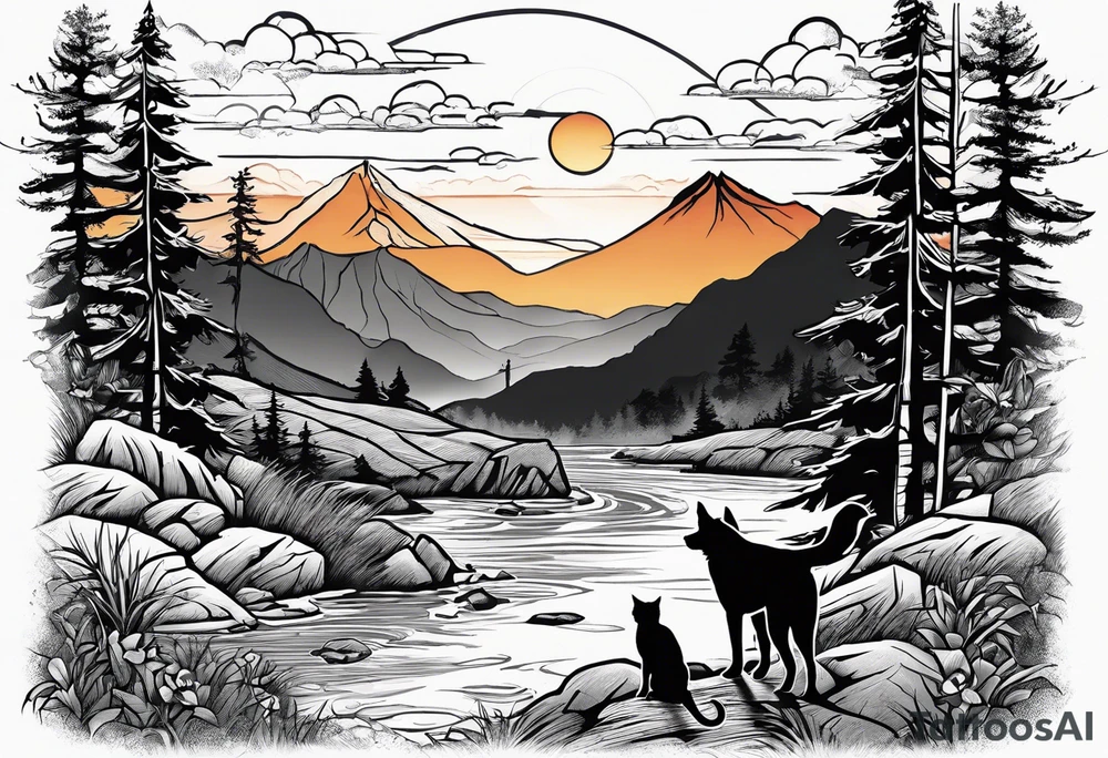 nature, sunset, mountains, a father and son hiking with their dog and cat and a cross tattoo idea