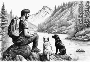 father son hiking with their dog and cat in the mountains, nature, waterfall, rive tattoo idea